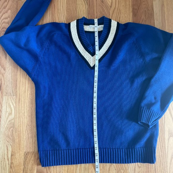 Claiborne 1990s Cricket Style Cotton Sweater Blue Cream Black Trim Size Mens Med - Picture 7 of 9